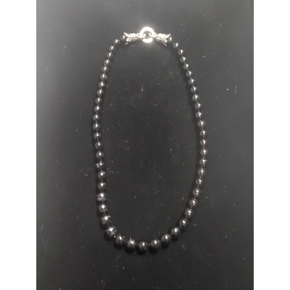 925 Sterling Silver Beaded Necklace Onyx Black Stone Beads